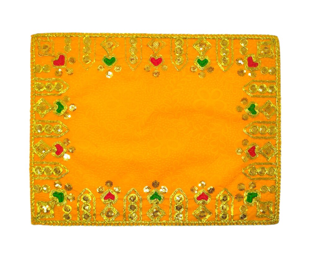 Designer Velvet Embroidered Pooja Aasan Cloth 8X10 inch Yellow | Chowki Aasan for God Idol