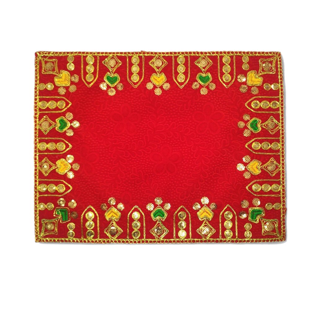Designer Velvet Embroidered Pooja Aasan Cloth 10X16 inch RED | Chowki Aasan for God Idol