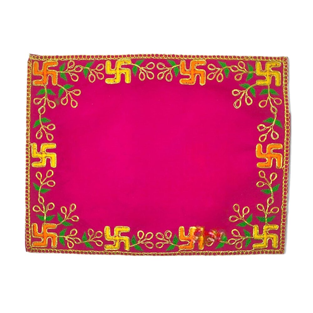 Designer Velvet Embroidered Pooja Aasan Cloth 10x20 inch Pink | Chowki Aasan for God Idol