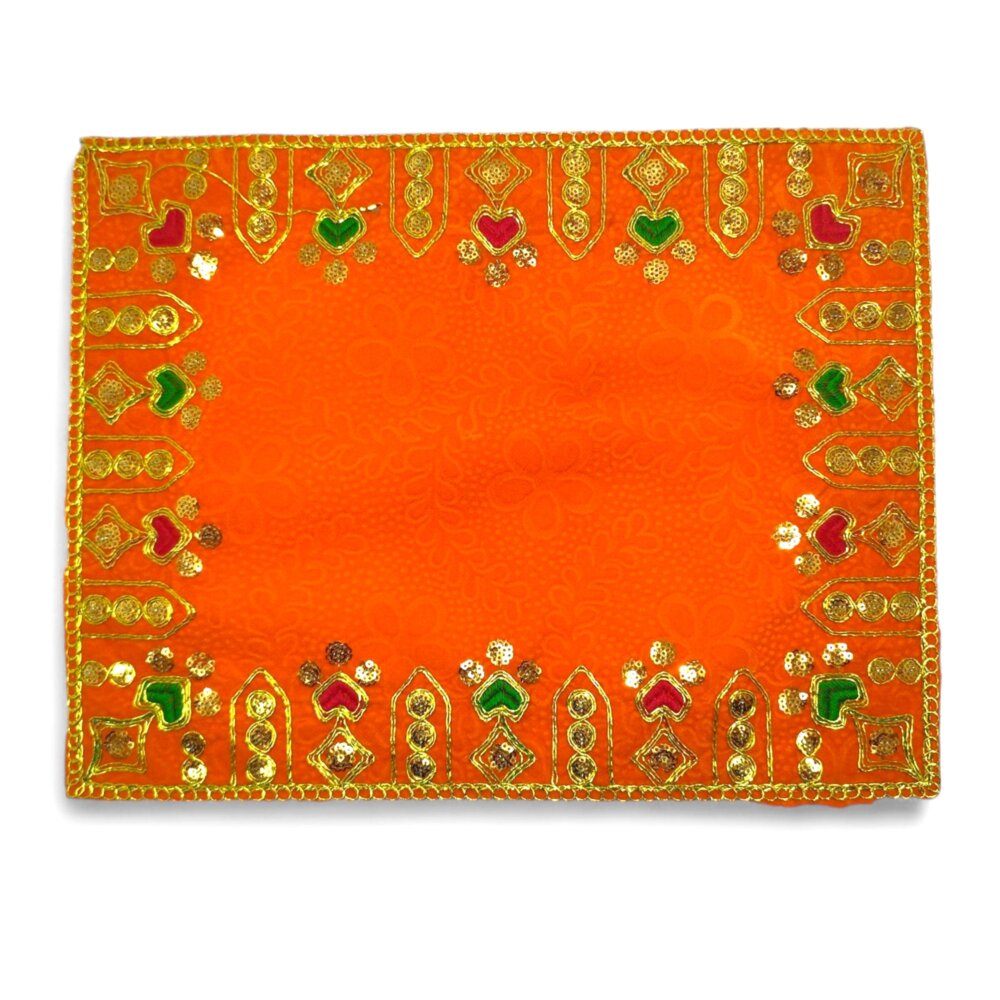 Designer Velvet Embroidered Pooja Aasan Cloth 10X16 inch ORANGE | Chowki Aasan for God Idol