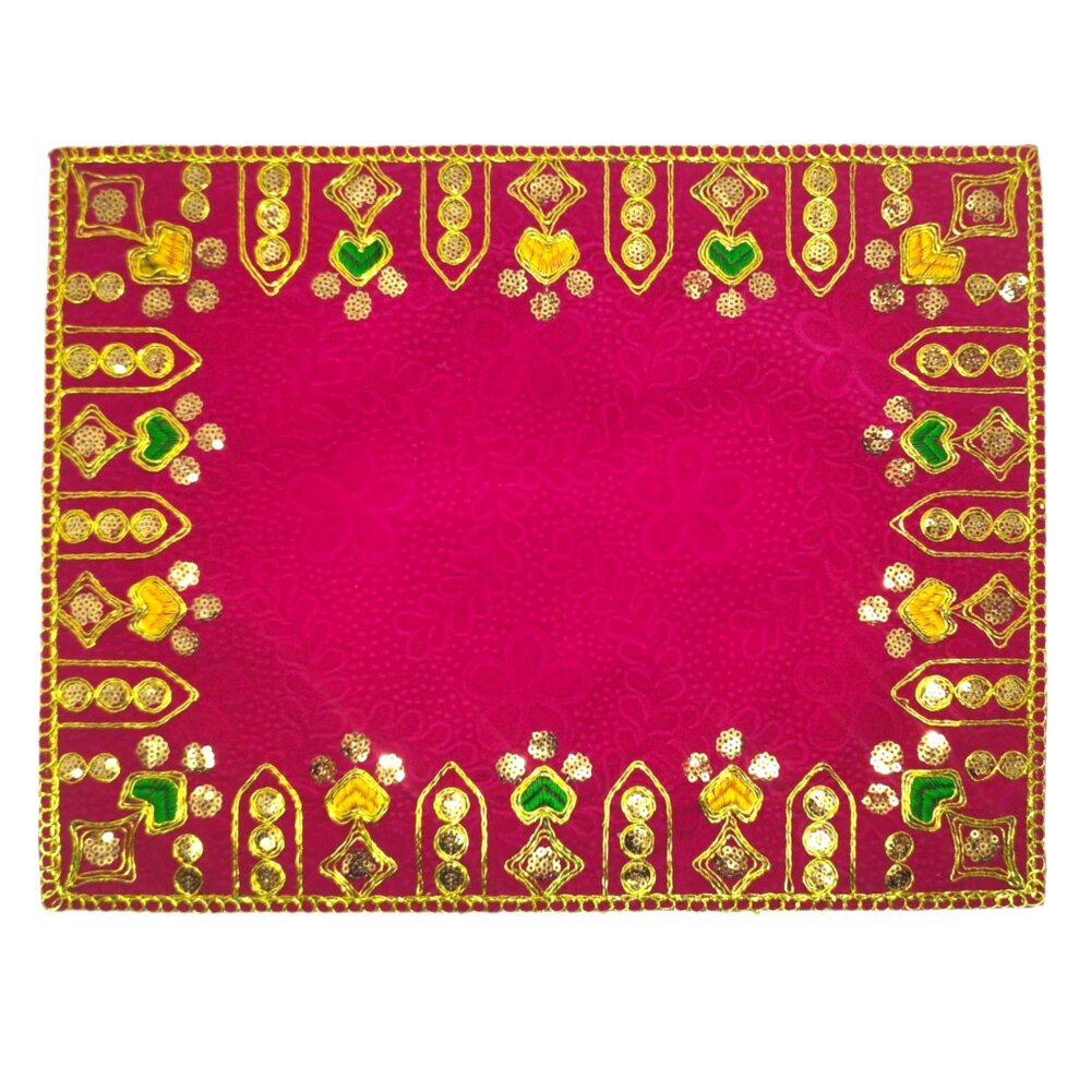 Designer Velvet Embroidered Pooja Aasan Cloth 13X19 inch Pink | Chowki Aasan for God Idol