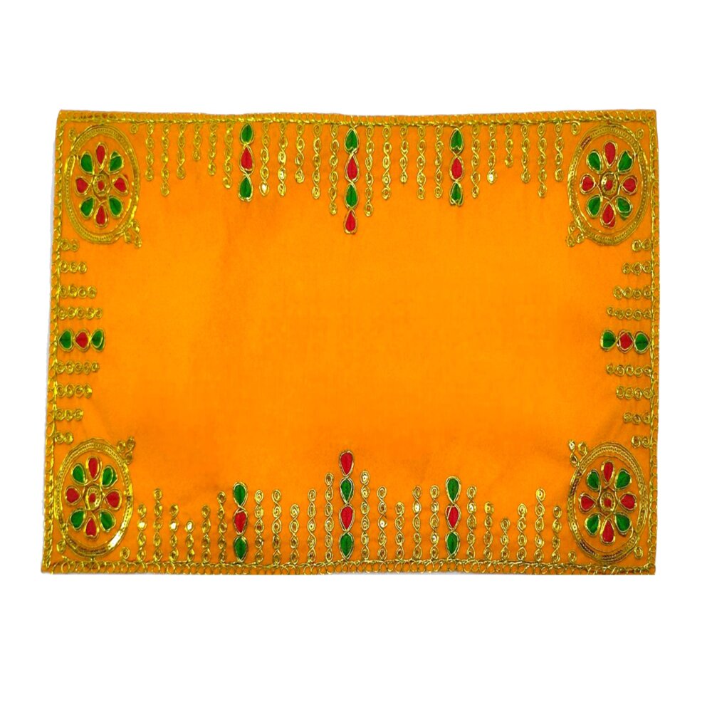 Designer Velvet Embroidered Pooja Aasan Cloth 12x40 inch Yellow | Chowki Aasan for God Idol