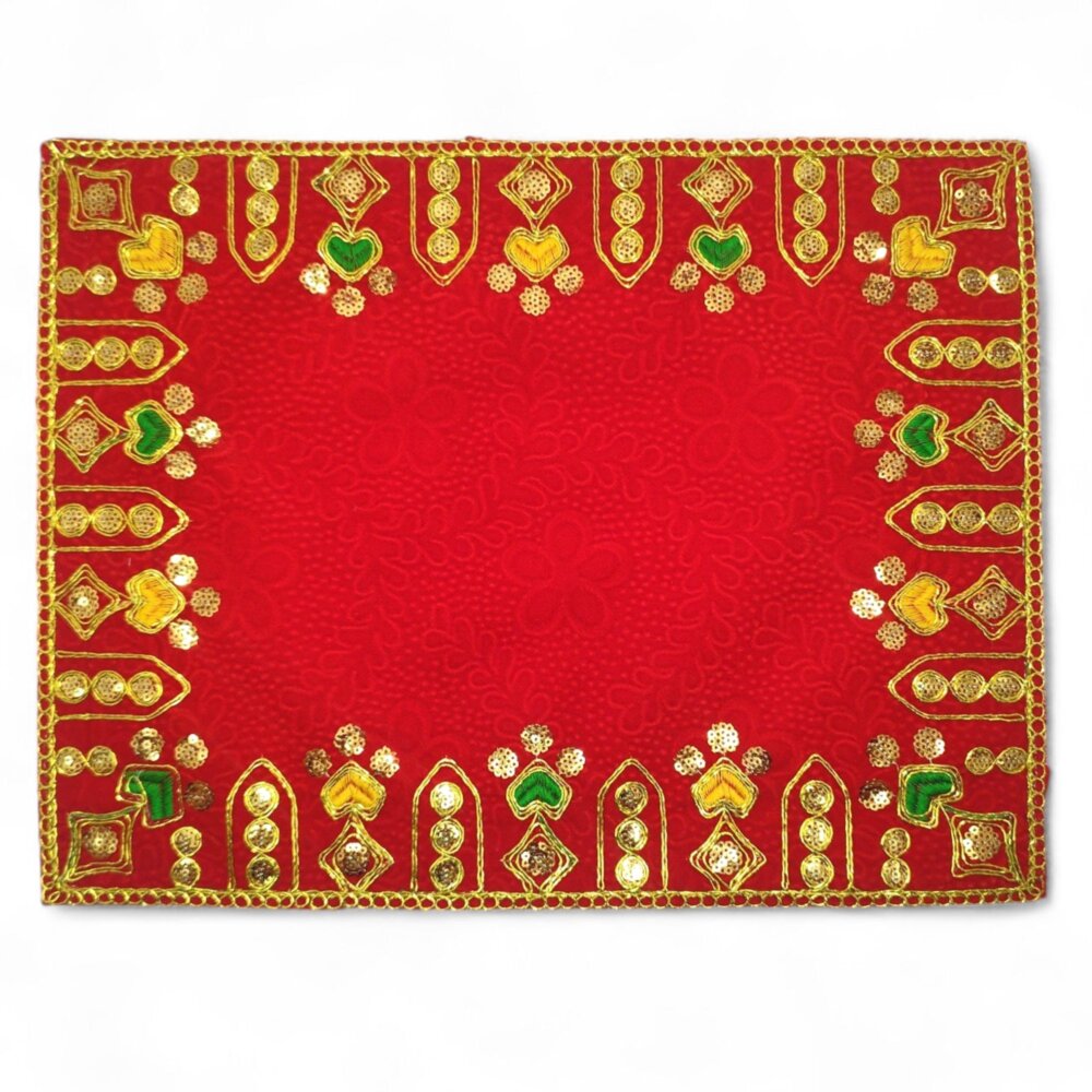 Designer Velvet Embroidered Pooja Aasan Cloth 30X40 inch RED | Chowki Aasan for God Idol