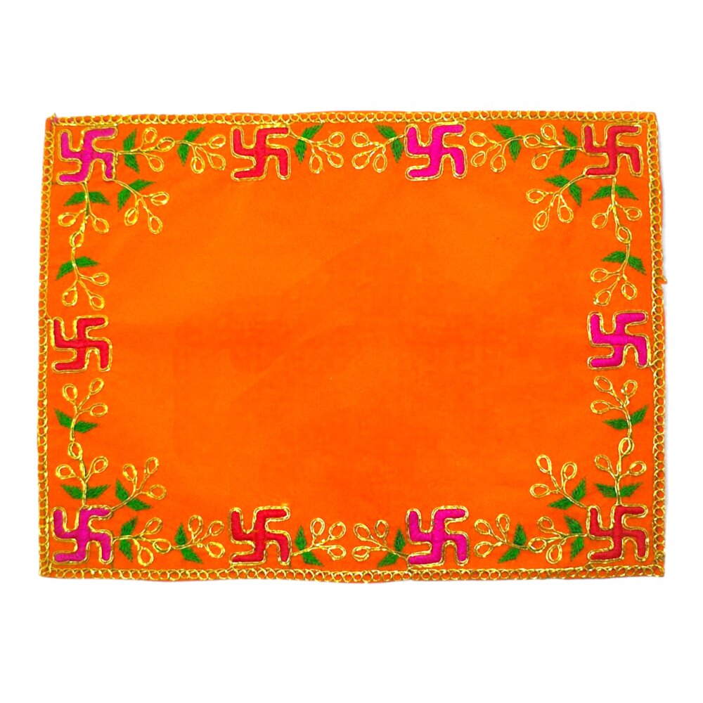 Designer Velvet Embroidered Pooja Aasan Cloth 12x15 inch Orange | Chowki Aasan for God Idol