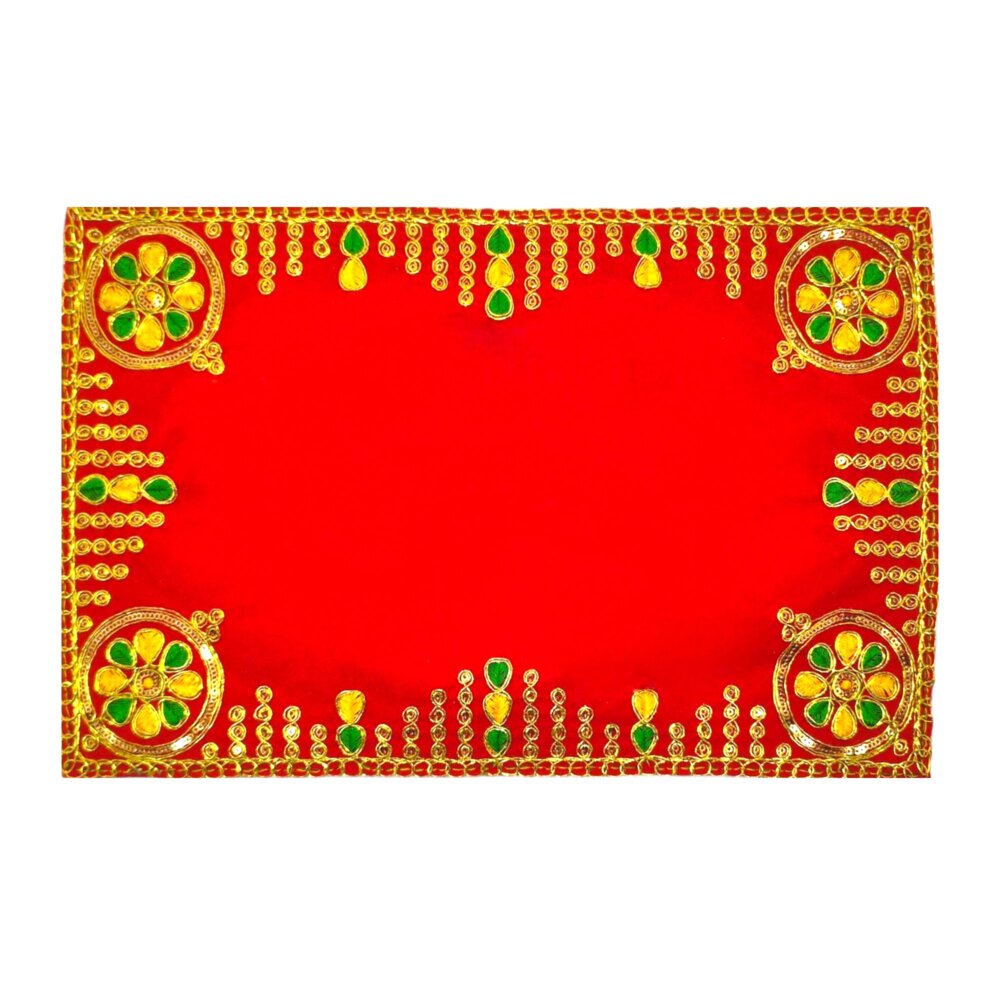 Designer Velvet Embroidered Pooja Aasan Cloth 30x40 inch RED | Chowki Aasan for God Idol